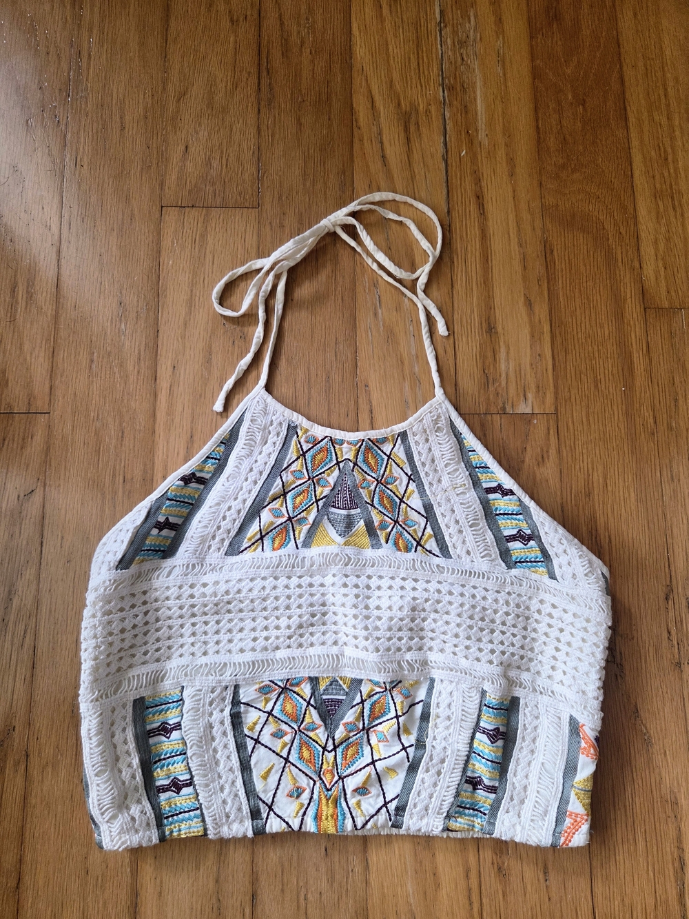 Crochet Halter Crop Top with Multicolor Embroidery